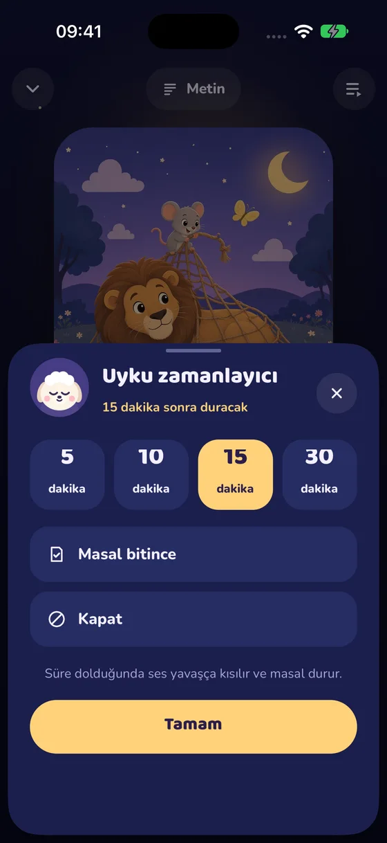 5, 10, 15, 30 dakika veya masal bitiminde durdurma seçenekleri sunan uyku zamanlayıcısı